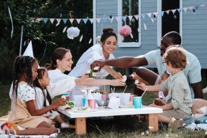 family having a garden party